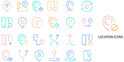 Fototapeta premium Location simple concept 24 Flat hand drawn color icons set. Vector illustration.