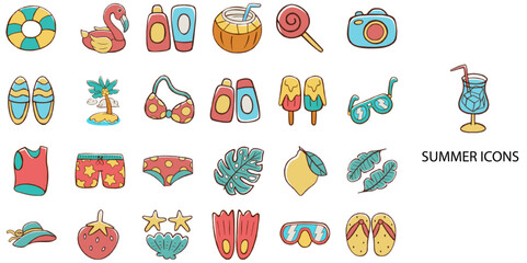 Summer simple concept 24 hand drawn color icons set .Vector illustration.
