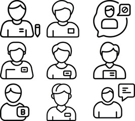 User Icons and Digital Communication: A collection of simple and versatile user icons with varying representations of avatars, speech bubbles, and communication symbols.