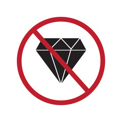 No Diamond sign icon. Jewelry symbol. Gem stone. Red prohibition sign. Stop symbol. Vector