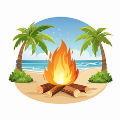 A campfire burns brightly on a sandy beach, framed by palm trees and a serene ocean view.