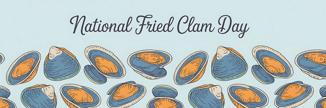 Happy Fried Clam Day, Chef Holding Plate of Fried Clams for National Fried Clam Day, Web Banner.
- Powered by Adobe