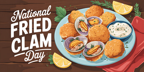 Happy Fried Clam Day, Chef Holding Plate of Fried Clams for National Fried Clam Day, Web Banner. 


