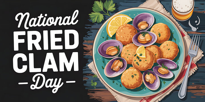 Happy Fried Clam Day, Chef Holding Plate of Fried Clams for National Fried Clam Day, Web Banner. 

