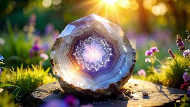 Sliced agate geode resting on stone surface amid flowers, sunburst gleaming in crystal heart of stone, natural setting