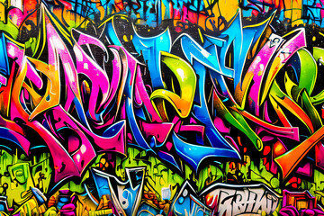 Obraz premium Colorful Urban Graffiti Art on Wall – Street Style Mural Illustration. Vibrant and dynamic graffiti artwork painted on a city wall, featuring bold lettering, vivid colors, and floral elements.