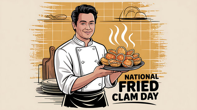 Happy Fried Clam Day, Chef Holding Plate of Fried Clams for National Fried Clam Day, Web Banner. 

