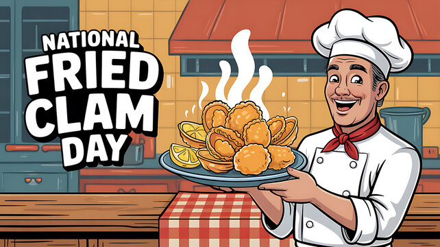 Happy Fried Clam Day, Chef Holding Plate of Fried Clams for National Fried Clam Day, Web Banner. 

