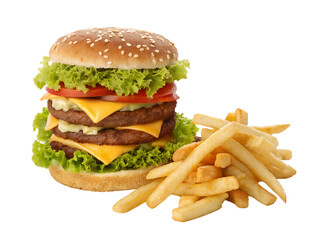 Hamburger with French Fries Isolated on transparent background, Isolated Png, Isolated on transparent background, Isolated Png file, Cut-out, No Background, Isolated object