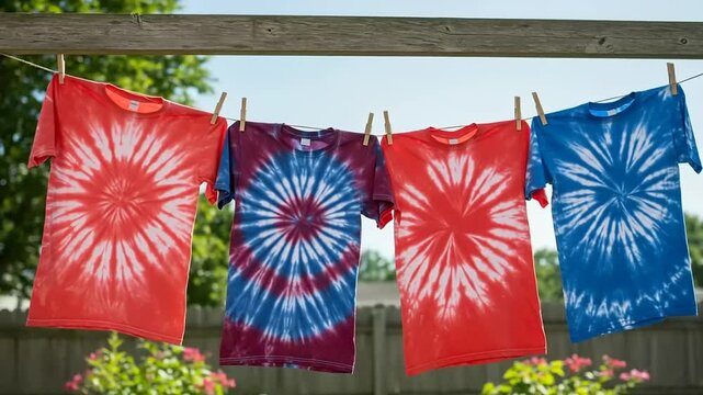 Colorful tie-dye shirts hanging on a clothesline in a sunny backyard with blooming flowers
