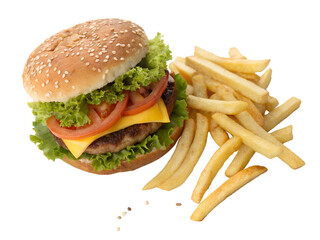 Hamburger with French Fries Isolated on transparent background, Isolated Png, Isolated on transparent background, Isolated Png file, Cut-out, No Background, Isolated object