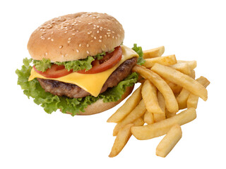 Hamburger with French Fries Isolated on transparent background, Isolated Png, Isolated on transparent background, Isolated Png file, Cut-out, No Background, Isolated object
