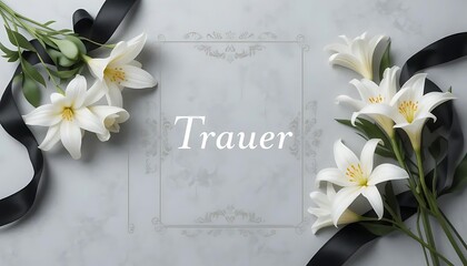 White lilies and black ribbons on gray background