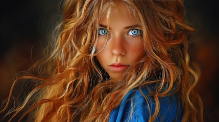 Fototapeta premium Close-up of a young woman with striking blue eyes and flowing red hair