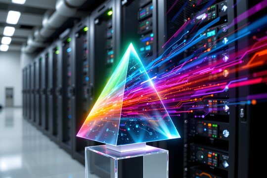 Digital Prism of Data: A vibrant prism casts colorful data streams across a server room, symbolizing the flow of information and the power of technology.