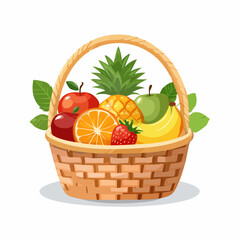A colorful illustration of a woven basket filled with various fresh fruits.
