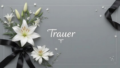 White lilies black ribbon grey background Trauer