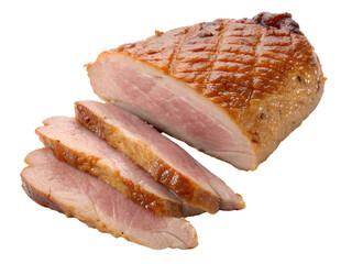 Close-up of Sliced Cooked Ham Isolated on transparent background, Isolated Png, Isolated on transparent background, Isolated Png file, Cut-out, No Background, Isolated object