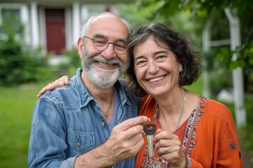 Portrait of a satisfied caucasian couple in their 40s holding happily a key to their new home which they were
