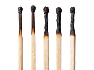 Close-up of Burnt Matches in a Row Isolated on transparent background, Isolated Png, Isolated on transparent background, Isolated Png file, Cut-out, No Background, Isolated object