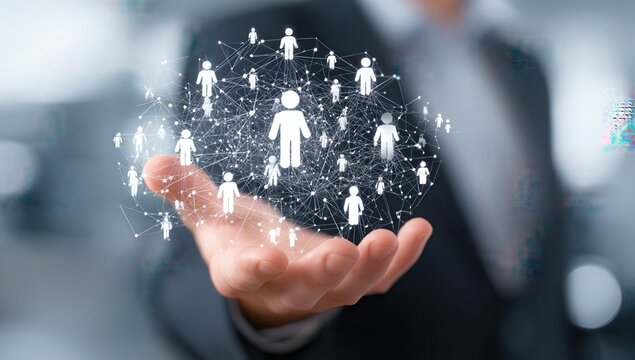 A businessman holds a virtual icon of people in his hand, surrounded by digital network connection technology and business social media icons. This represents the concept of. - Powered by Adobe