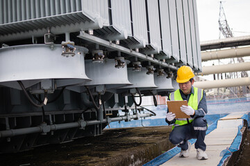 Worker performs inspection on large transformer cooling system at outdoor substation ensuring...