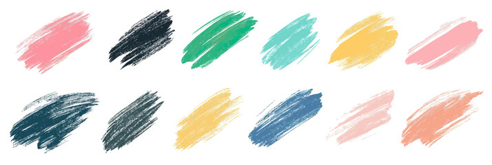 Colorful chalk brush strokes set with rough texture accents in pink, black, green, blue, yellow, and orange for artistic and graphic design elements vector illustration