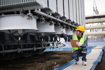 Worker wearing yellow helmet performs inspection of large transformer cooling system at outdoor...