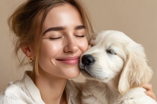 Young woman gently cuddling her adorable golden retriever puppy with eyes closed in happiness