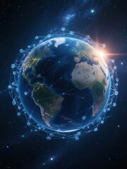 Fototapeta premium Earth Encircled by a Network of Connected Nodes in Space