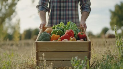 farmer holding wooden box full of fresh vegetables. harvesting season. basket with vegetables in the hands of a farmer background, healthy, organic, food, agriculture