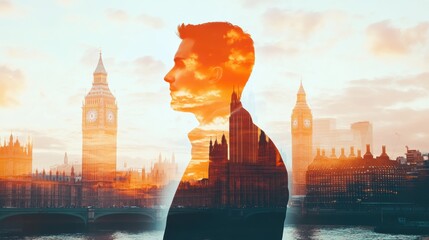 Double exposure photography of business man and the beautiful London city, business, professional, suit, office, thinking, executive, corporate, lifestyle, creative, smart, finance, job, future