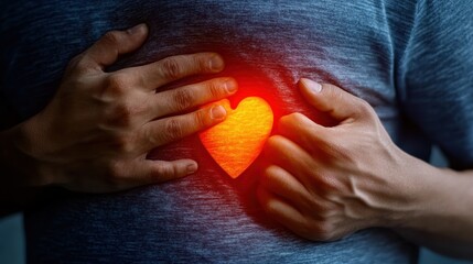 hand hold chest with heart attack symptoms, working hard have chest pain caused by heart disease, leak, dilatation, enlarged coronary heart, press on the chest with a painful expression