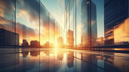Modern office building or business center. High-rise window buildings made of glass reflect the clouds. empty street outside  wall modernity civilization. growing up business