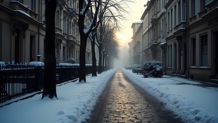 Moody winter city street with snow-covered cobblestone path and bare trees