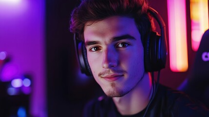 pro gamer man in headphones live streaming while playing online computer game, neon lights, esports,  gaming, monitor, play, young, player, internet, enjoyment, cyber,