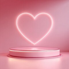Valentine 3D pink podium background with glow neon heart shape backdrop. Abstract composition minimalist design. Studio display showroom cosmetic product pedestal, Fashion stage.