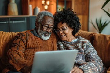 Portrait of a content couple in their 40s watching computer laptop on the sofa at home
