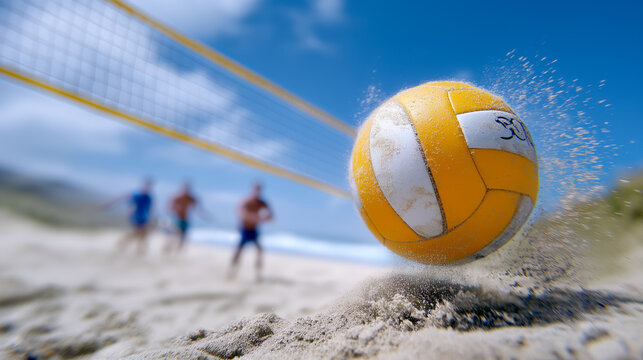 Volleyball soars through air towards players on sandy beach under bright blue sky. Action-filled setting captures energy and excitement of competitive sport