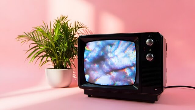 Retro television displaying static next to a potted plant on a pink background - Powered by Adobe