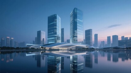 Fototapeta premium Modern Cityscape with Reflective Skyscrapers and a Curved Building at Dusk