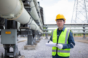 Engineer is working at power station wearing yellow helmet and reflective vest while inspecting equipment and holding documents with focus and determination