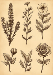 Set of hand drawn vector flowers, buds, leaves and branches.. Vintage wildflowers collection illustration
