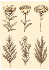 Set of hand drawn wildflowers. Vector illustration in vintage style.