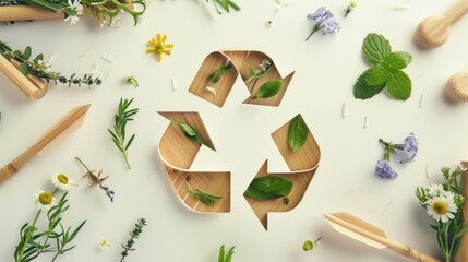 Wooden recycling symbol surrounded by fresh green leaves and colorful flowers on bright background