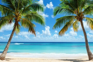 Obraz premium Tropical beach scene with palm trees under a vibrant sky.