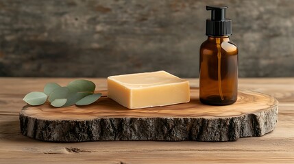 Natural handmade soap and essential oil bottle on rustic wooden board spa products wellness self care aromatherapy organic beauty