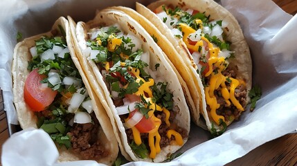 Delicious Ground Beef Tacos with Cilantro Onion and Cheese Tasty Mexican Food Cuisine