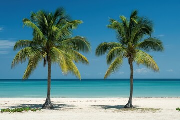 Obraz premium Two palm trees stand on a tropical beach.