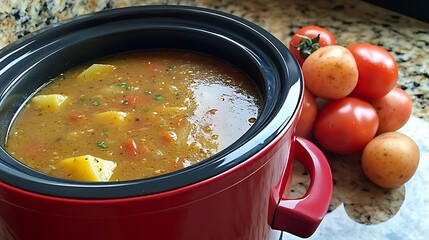 Delicious Potato Tomato Soup Recipe in Red Slow Cooker Perfect for a Cozy Meal